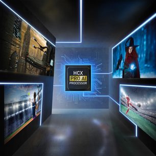 Panasonic TX-65JZ2000E-tv med HCX Pro AI-processor, der viser sportsbilleder og en kvindelig figur med rødt hår