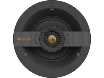 Boxă încastrabilă Monitor Audio C1S circulară, cu tweeter auriu central și grile perforate concentrice negre