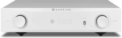 Integrert stereo hi-fi forsterker Nuprime IA-9X sølv, frontvisning, sirkulære knapper til venstre og høyre, sentralt digitalt display