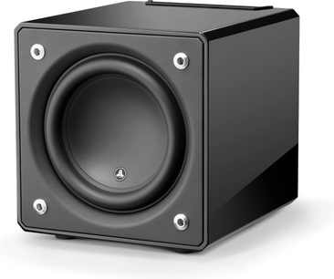 JL Audio E-Sub e110 parlak siyah subwoofer, önden görünüm, kübik form, ortada dairesel hoparlör, köşelerde dört vida