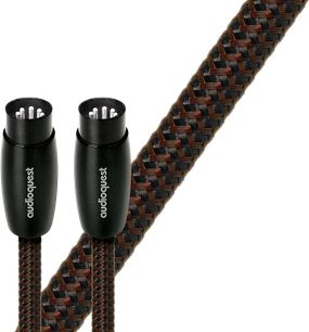 Audioquest Big Sur DIN/DIN 0,6m lydkabel, sorte DIN-stik, brunt og sort flettet kabelbeklædning, nærbillede