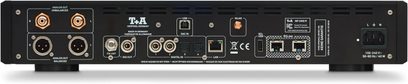 Juodas tinklo garso grotuvas T+A MP 2000 R G3, vaizdas iš galo su garso jungtimis, USB ir Ethernet prievadais bei maitinimo lizdu