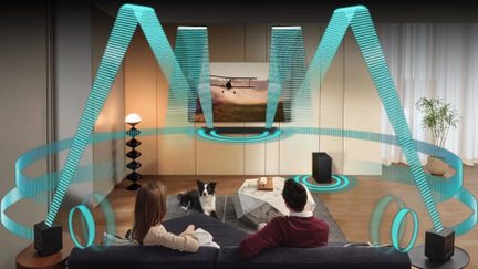 Bagfra-vy af en moderne stue med grå sofa, et par og en hund, vægmonteret tv, fire sorte matte kubeformede højttalere og en matchende subwoofer, blå lysstriber der illustrerer den immersive lydoplevelse