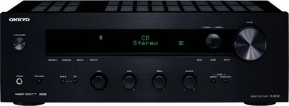 Onkyo TX-8030 sort hi-fi stereoforstærker, frontvisning, grønt display "CD Stereo 30", kontrolknapper og -hjul