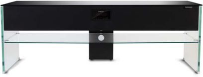 Sort TV-møbel med glas, 2 hylder, 1 central skuffe, glasben, set forfra