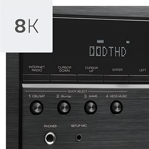 Denon AVC-S660H sort hjemmebiografsforstærker, nærbillede af højre side, visning af "DDDTHD", knapper og stik
