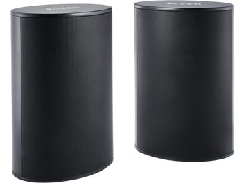 Kompaktní hi-fi reproduktor Canton Puro 30 v černé barvě, pohled zepředu a ze tří čtvrtin, zaoblený design s celoplošnou mřížkou