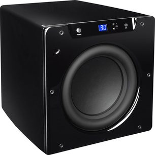 Velodyne SPL-800U sort subwoofer, set forfra, sort front med rund højttaler, LED-display og kontrolknapper