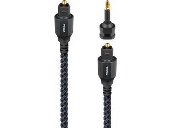 Cablu optic digital Audioquest Vodka optic 0,75 m, manta împletită neagră și albastră din fibră sintetică, capete negre din plastic cu conectoare Toslink aurii și adaptor mini-Toslink, vedere din față