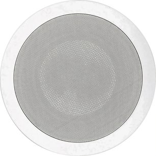 Stropní vestavný reproduktor Interior IC82, pohled zepředu, perforovaný kruhový mřížkový kryt obklopený hladkým kulatým rámem