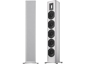 Premium 701 Wireless Gen2 ezüst színű vezeték nélküli okos hangszóró, elölről és oldalról nézve, 4 fekete hangszóróval, ezüst színű alappal
