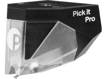 Ląstelė hi-fi vinilo grotuvui Pick It Pro, šoninis vaizdas, juodas korpusas, permatoma dalis, baltas logotipas „P“, matoma adata