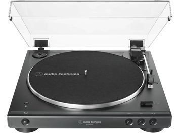 Front view of black Audio Technica AT-LP60XBT turntable, clear dust cover open, silver platter and tonearm