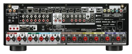 Denon AVC-X4800H juodo namų kino stiprintuvo galinė panelė, kelios HDMI garso įvestys, spalvotos garsiakalbių jungčių gnybtų poros