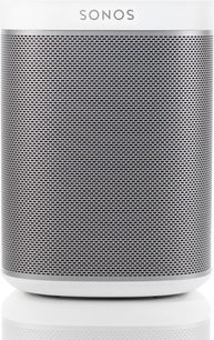 Altavoz inalámbrico conectado Sonos Play 1 blanco, vista frontal, rejilla metálica perforada, cuerpo cilíndrico blanco