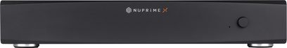 Nuprime MCX-2 effektforstærker, frontvisning, rektangulært sort kabinet, frontpanel med "NUPRIME X"-logo, drejeknap til højre