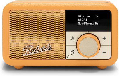Roberts Revival Petite 2 gul bordradio, kompakt rektangulært kabinet i kunstlæder med perforeret metalgitter, sort digitalt display og central drejeknap, set forfra