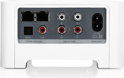 Netzwerk-Audiostreamer Sonos CONNECT weiß, Frontansicht, mit Audio- und Netzwerkanschlüssen, Bedienungstasten und Kontrollleuchten