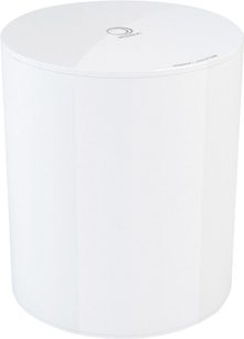 Elipson Planet Sub lackerad vit cylindrisk subwoofer, ovanifrån, slät och glänsande yta