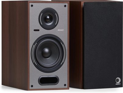 Två Elipson Horus 6 Active BT Phono-högtalare, valnötslådor, grå front, domediskant, woofer och basreflexport, frontal vy