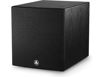 Subwoofer JL Audio Dominion D110 de fresno negro, forma cúbica, acabado en madera oscura, rejilla negra en la parte frontal, logotipo plateado