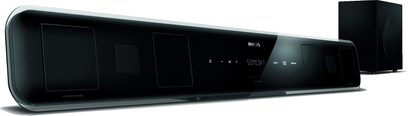 Sort Philips HTS5110 soundbar, set forfra, med 4 højttalere, LED-skærm der viser "SONG INT", trykfølsomme knapper