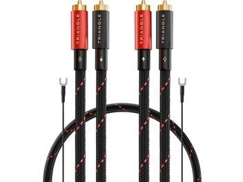Stereo RCA-helikaabel Triangle RED, musta punase triibuga punutud ümbris, punased ja mustad kullatud pistikud