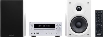 Bílý Hi-Fi mini systém Pioneer X-HM51-W se dvěma reproduktory, CD přehrávačem s LCD displejem a dálkovým ovládáním