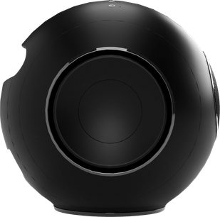 Bezdrátový reproduktor Cabasse The Pearl Myuki černý, pohled zepředu, kulovitý tvar, hladký povrch, černá barva, úhel záběru zepředu