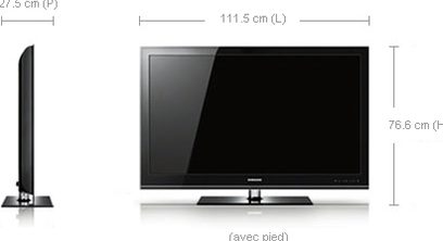 Samsung LE46B750 fladskærms-TV, set forfra med dimensioner i cm, på fod, slukket, sort farve