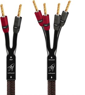 Audioquest Rocket 33 SBW højttalerkabel 2 x 3m med røde og grå forgyldte bananstik, mærkater AMP og SPEAKER