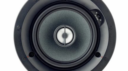 Altoparlante rotondo nero e grigio metallizzato in metallo, plastica e gomma, vista frontale in primo piano, tweeter centrale bianco protetto da due barrette e commutatore HF LEVEL sul collare.