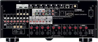 Yamaha RX-A2060 titanium home theater amplifier, front view. Black front panel with numerous buttons, inputs, and indicator lights