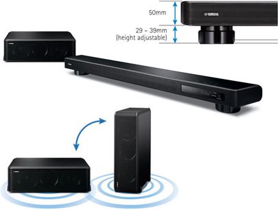 Yamaha Soundbar YSP-2200 in Schwarz, Vorder-, Seiten- und Draufsicht, mit Subwoofer und Fernbedienung
