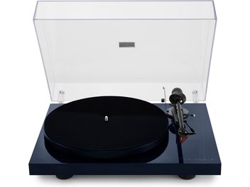Hi-Fi-Plattenspieler Triangle Lunar 3 blau, Draufsicht, transparenter Deckel hochgeklappt, schwarzer Plattenteller, Tonarm rechts