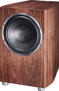 Subwoofer Heco Celan Revolution Sub 32 A, mobile in noce, altoparlante nero, cornice in alluminio spazzolato, vista frontale