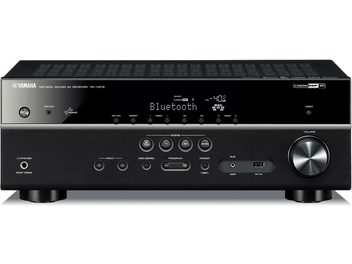 Yamaha RX-V579 juodas namų kino stiprintuvas, priekinis vaizdas. Mėlynas ekranas, sidabriniai mygtukai ir rankenėlės