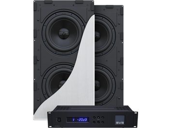 Einbaubarer Subwoofer SVS 3000, 3 runde schwarze Lautsprecher, weiße Blende, kompakter Verstärker