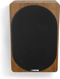 Boxă Dolby Atmos Canton AR 5 culoare nuc, cu panou frontal dreptunghiular din lemn și grilă mare din material textil negru, vedere din față