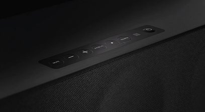 Sennheiser AMBEO Soundbar Max + SUB soundbar i sort, nærbillede ovenfra af kontrolknapperne
