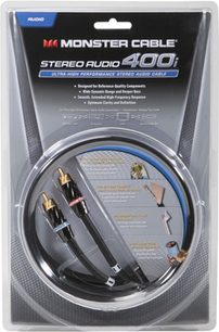 Monster Stereo Audio 400i 3 m analog RCA-lydkabel, gennemsigtig plastikemballage, forgyldte stik, sort kabel