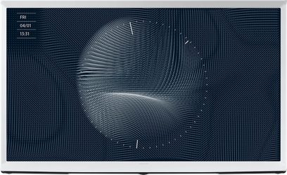 Samsung The Serif QE43LS01BA 2022 tv-skærm, der viser et abstrakt sort-hvidt mønster