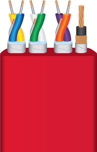 Trzy kolorowe kable USB typu C ułożone pionowo na czerwonym stojaku, obok znajduje się skręcony kabel