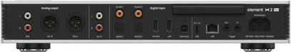 Matrix Audio Element X2 Pure network player in black and brushed aluminum, rear view, showing RCA and XLR analog outputs, multiple digital inputs including HDMI, coaxial, optical, USB, and LAN port, trigger jacks, IEC power socket