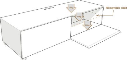 Teknisk diagram over et skræddersyet Norstone Trocadero TV-møbel med aftagelig hylde, set fra oven og siden