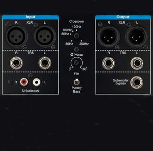 Forstærket højttaler Fluid Audio F8S, front- og bagpanel, tilslutninger og justeringer, aktivt 5-vejs crossover