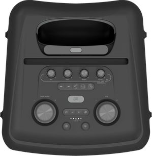 Φορητό ηχείο Bluetooth Klipsch Miami, άποψη από πάνω, μαύρη επιφάνεια, κυκλικοί χειρισμοί, κουμπιά και φωτεινές ενδείξεις