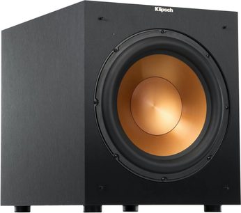 Subwoofer Klipsch R-12SW nero vista di tre quarti con grande altoparlante color rame sul frontale