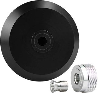 Svart matt Enova HIFI PP10 pressarplatta sedd framifrån, med metallisk silverfärgad låsskruv och bricka