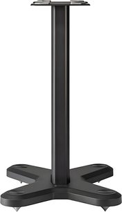 Monitor Audio ST-2 svart högtalarstativ i metall, sedd framifrån, slank pelare med matt finish, fyrkantig topplatta med dämpande fötter, kryssformad bas med spikes